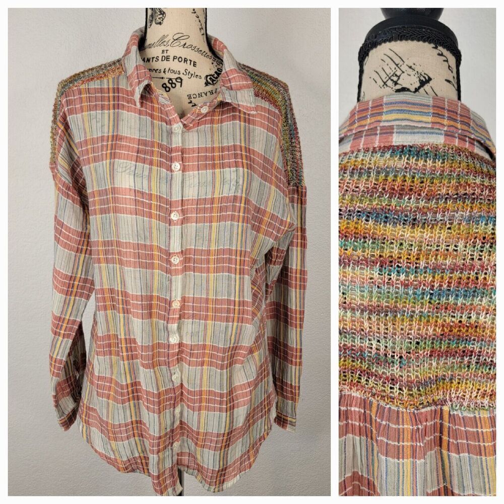Sundance Shirt 8 Button Up Crochet Knit Cutouts LS Plaid Beachy Cottagecore Boho